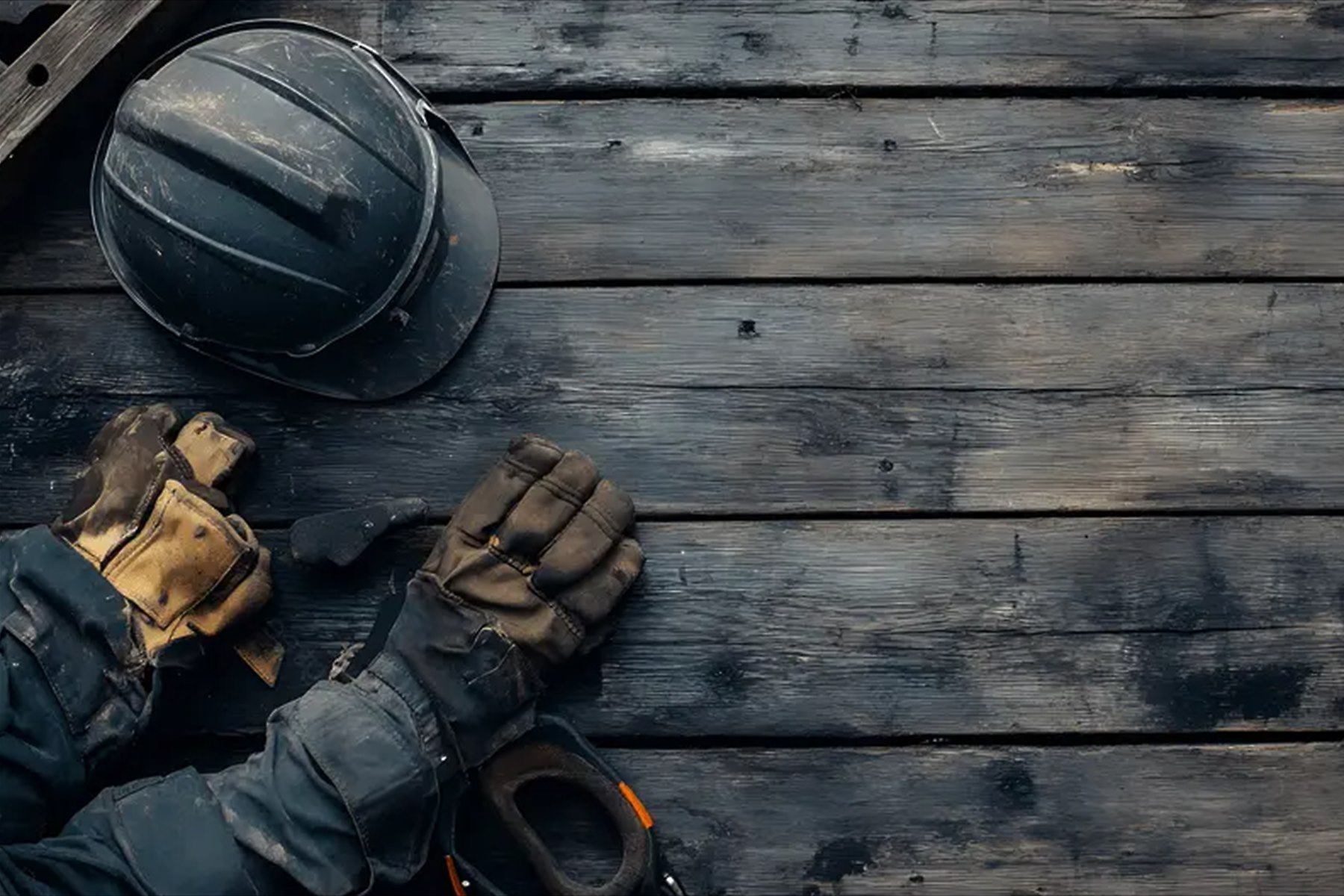 A construction hard hat and worn leather work gloves resting on weathered timber decking